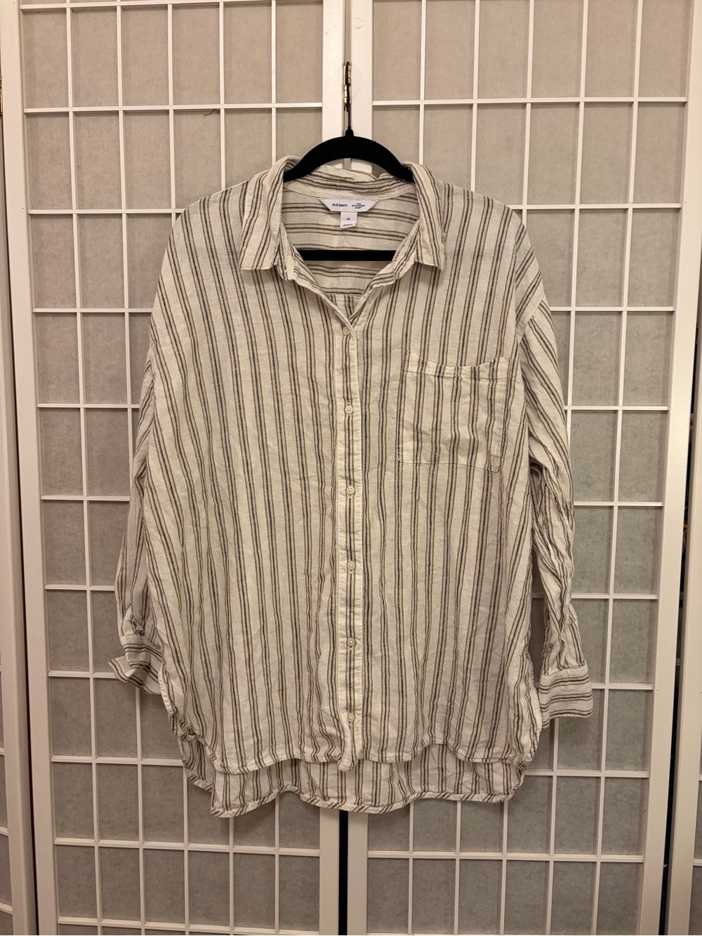 Linen Blend Loose Button Down Neutral Stripe Boyfriend shirt